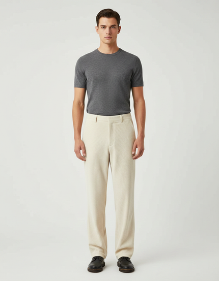 Pantalon Velours Côtelé Crème Ample Décontracté Homme - Beige Cordé
