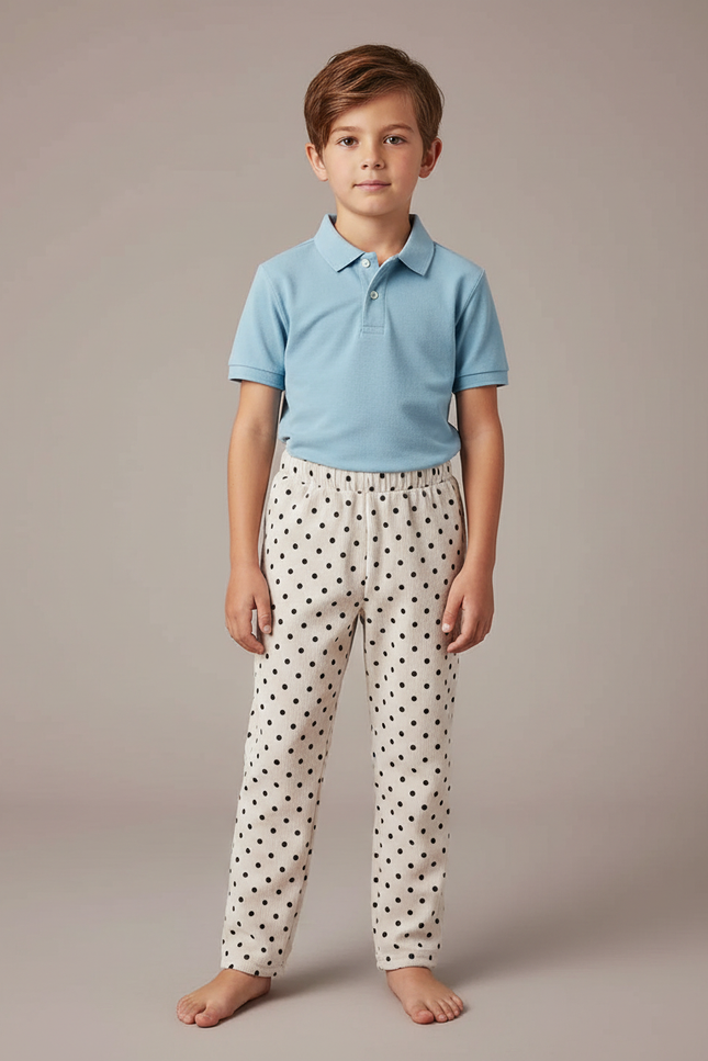 Pantalon Velours Crème Points Noirs Ample Enfant - Beige
