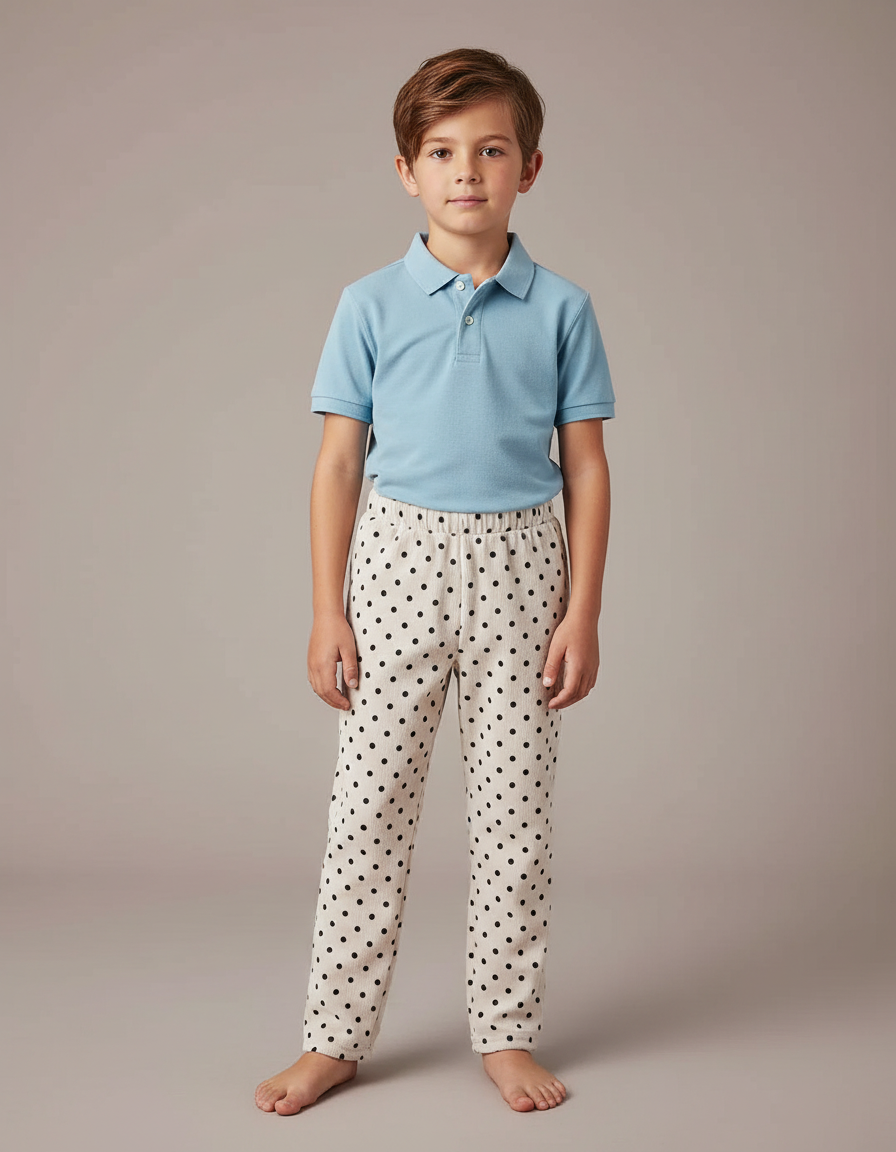 Pantalon Velours Crème Points Noirs Ample Enfant - Beige
