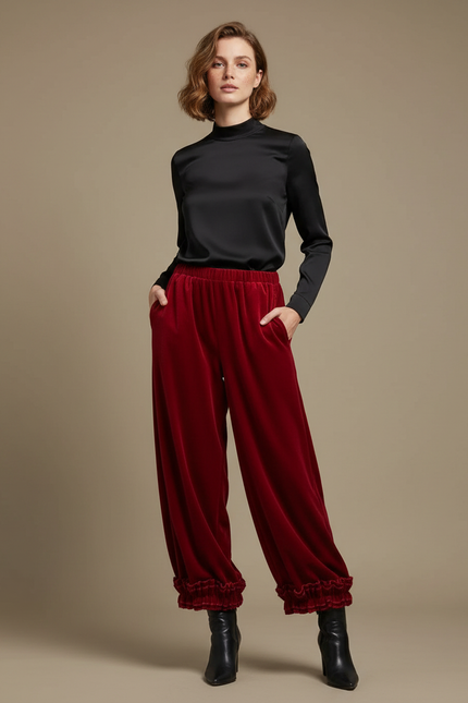 Pantalon Velours Rouge Ample Élastiqué Volants Femme - Bordeaux
