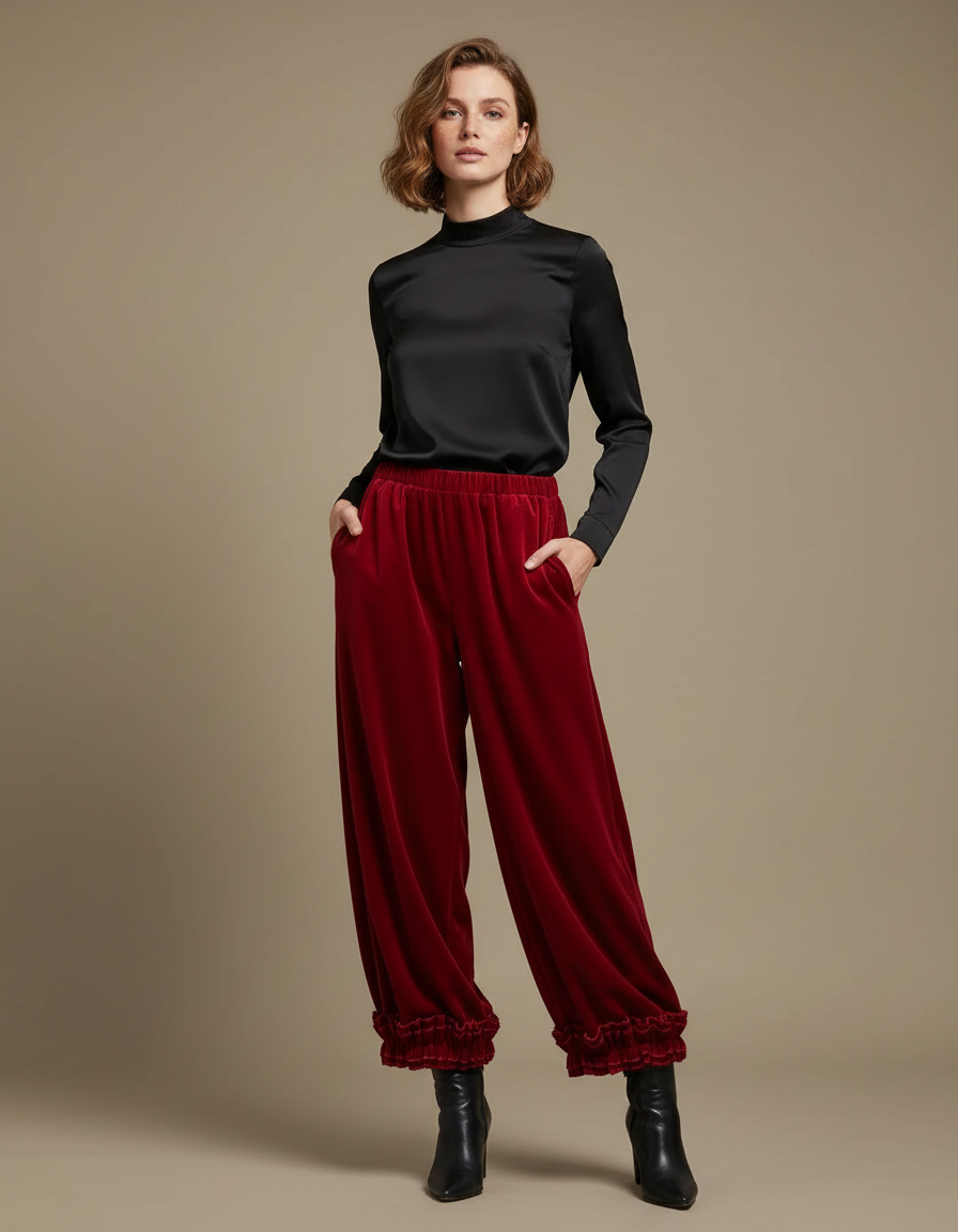 Pantalon Velours Rouge Ample Élastiqué Volants Femme - Bordeaux
