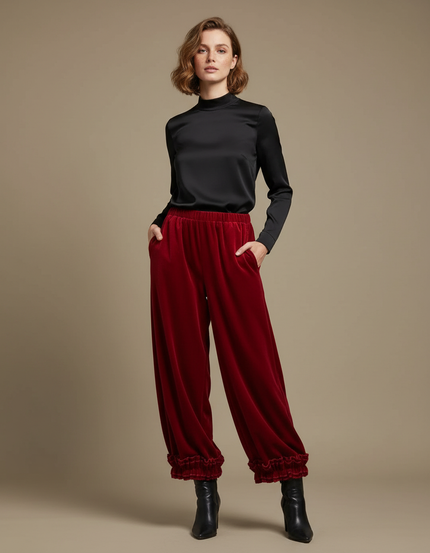 Pantalon Velours Rouge Ample Élastiqué Volants Femme - Bordeaux