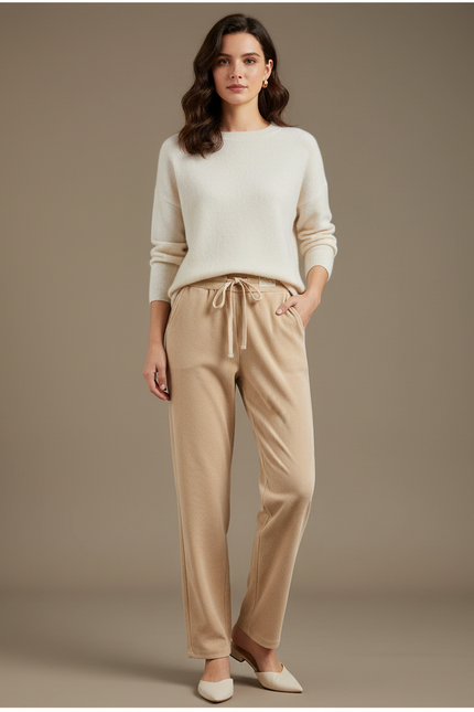 Pantalon Velours Beige Droit Décontracté Cordon Femme