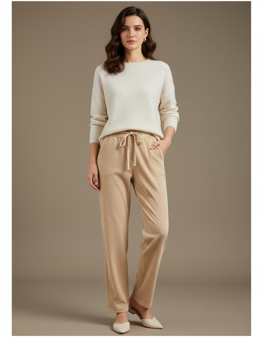 Pantalon Velours Beige Droit Décontracté Cordon Femme