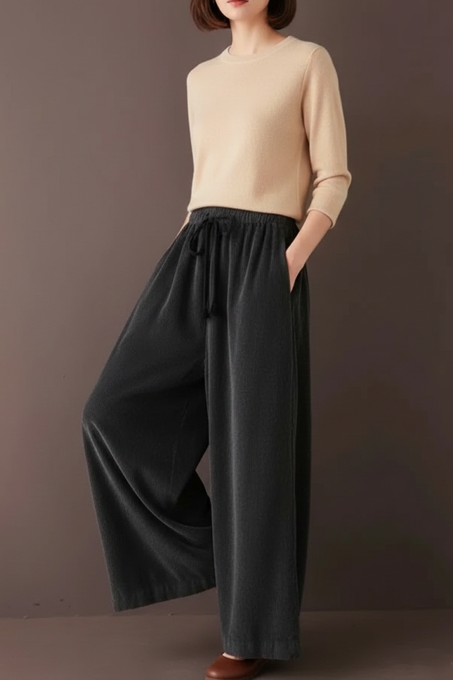 Pantalon Velours Côtelé Ample Décontracté Cordon Gris