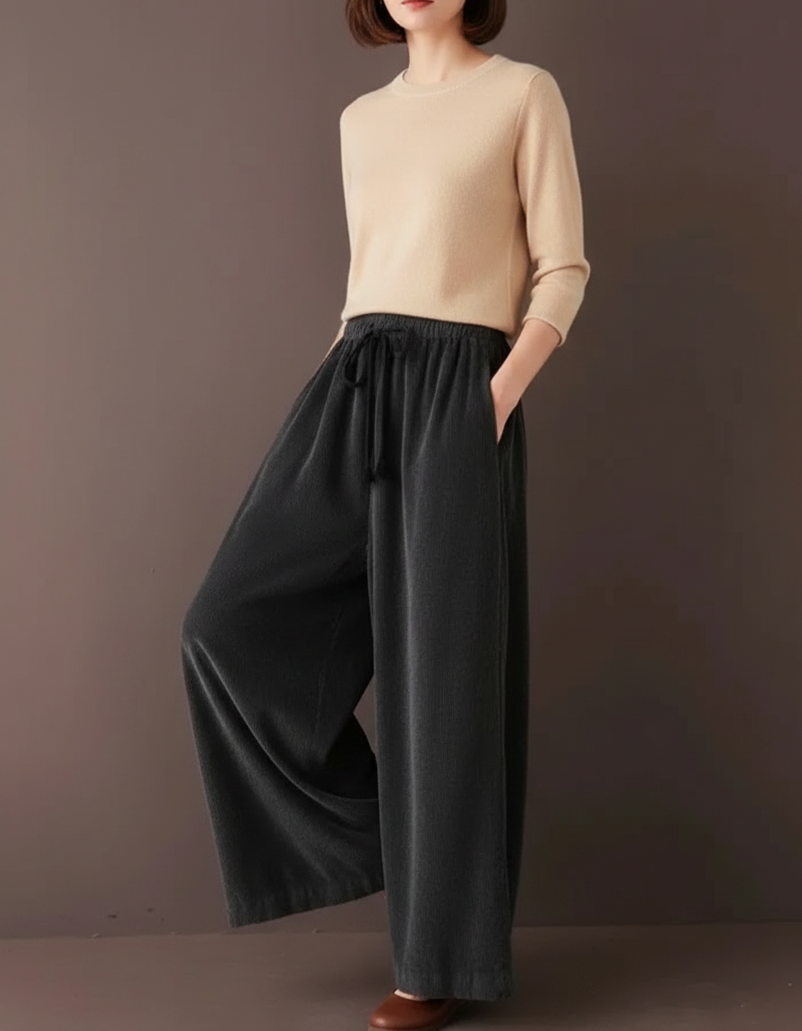 Pantalon Velours Côtelé Ample Décontracté Cordon Gris