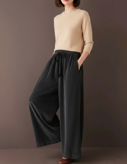 Pantalon Velours Côtelé Ample Décontracté Cordon Gris