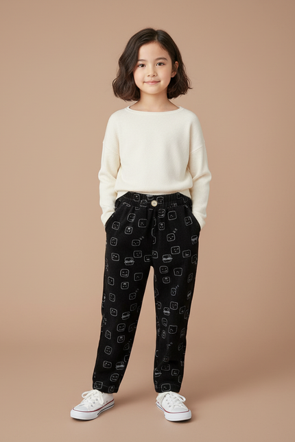 Pantalon Velours Noir Imprimé Décontracté Enfant Doux - Cordé