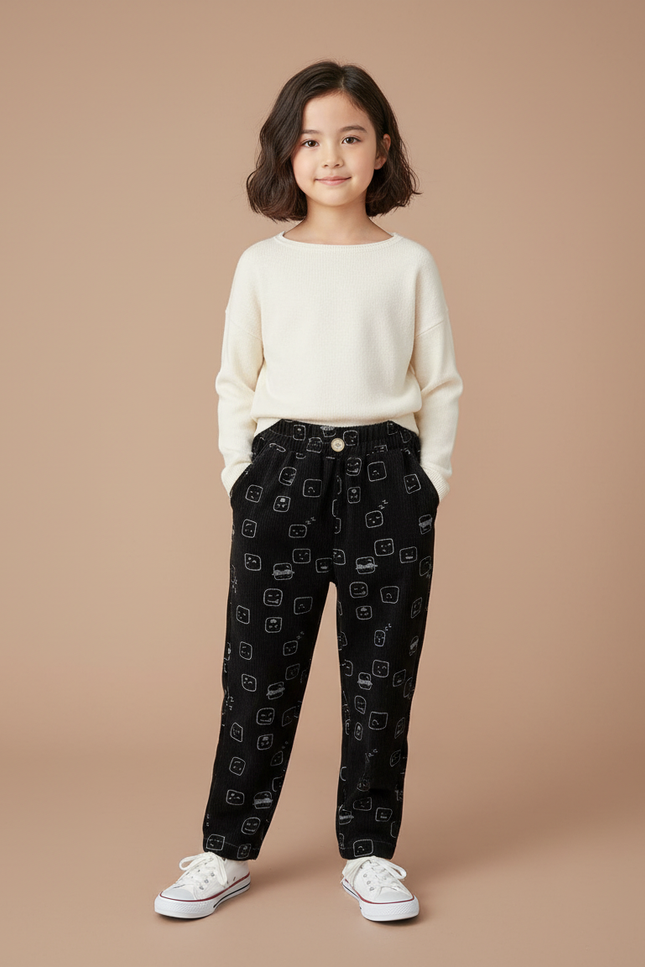 Pantalon Velours Noir Imprimé Décontracté Enfant Doux - Cordé