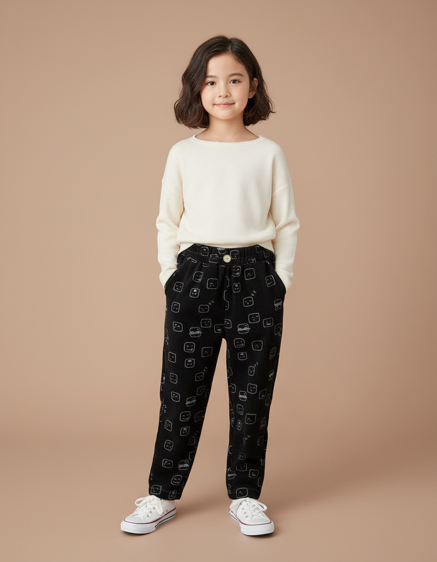 Pantalon Velours Noir Imprimé Décontracté Enfant Doux - Cordé