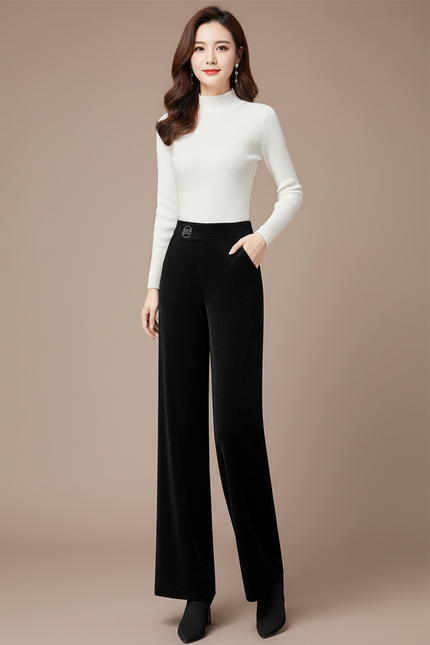 Pantalon Velours Noir Côtelé Ample Taille Haute Femme - Cordé