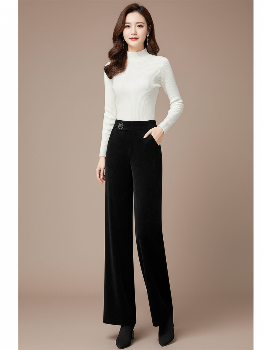 Pantalon Velours Noir Côtelé Ample Taille Haute Femme - Cordé