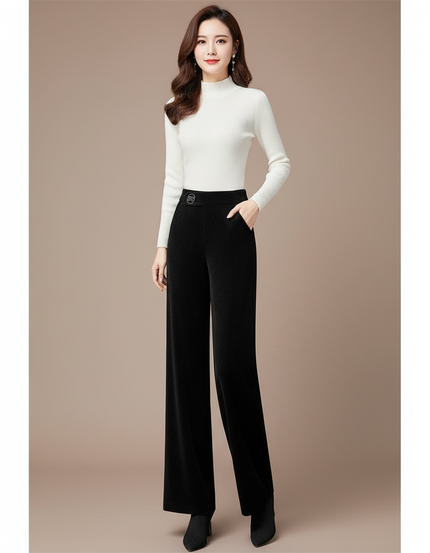 Pantalon Velours Noir Côtelé Ample Taille Haute Femme - Cordé