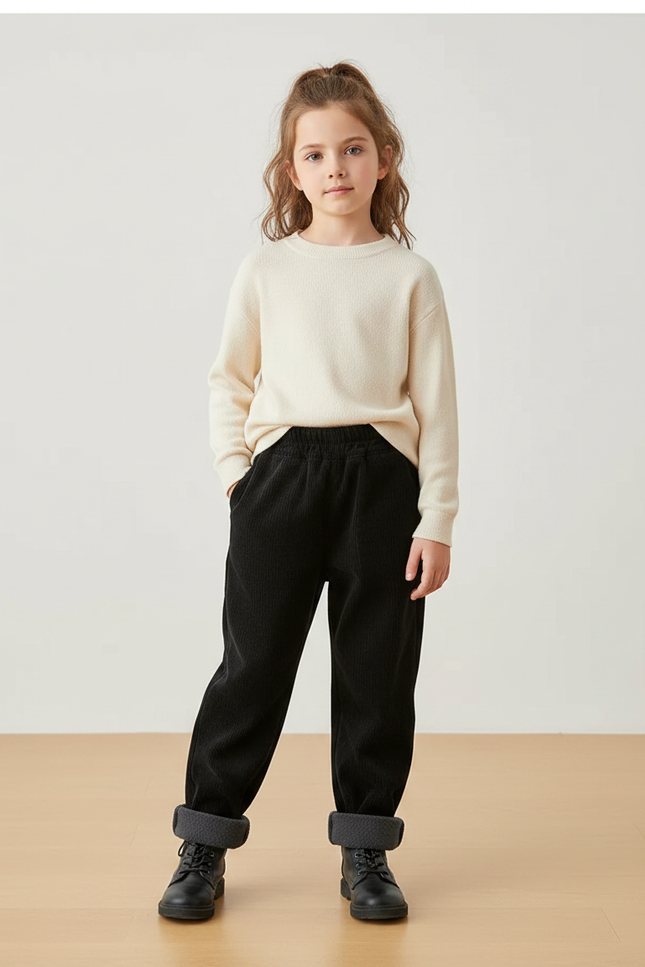 Pantalon Velours Noir Côtelé Ample Doublé Élastique - Cordé