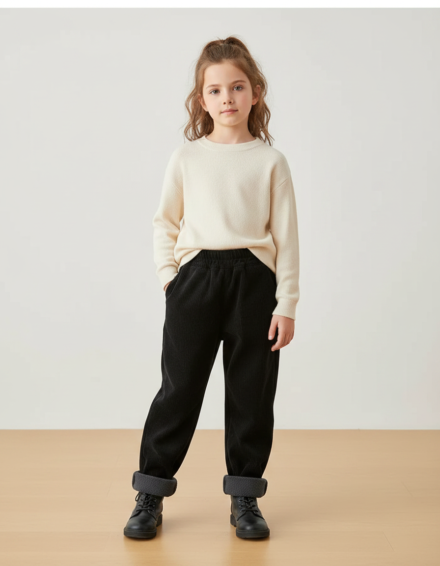 Pantalon Velours Noir Côtelé Ample Doublé Élastique - Cordé
