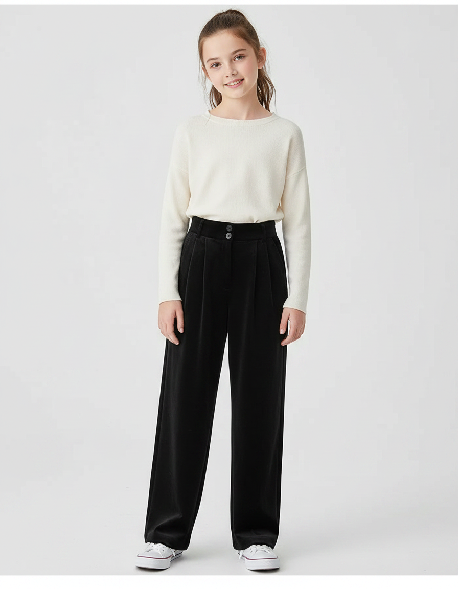 Pantalon Velours Noir Ample Droit Taille Haute