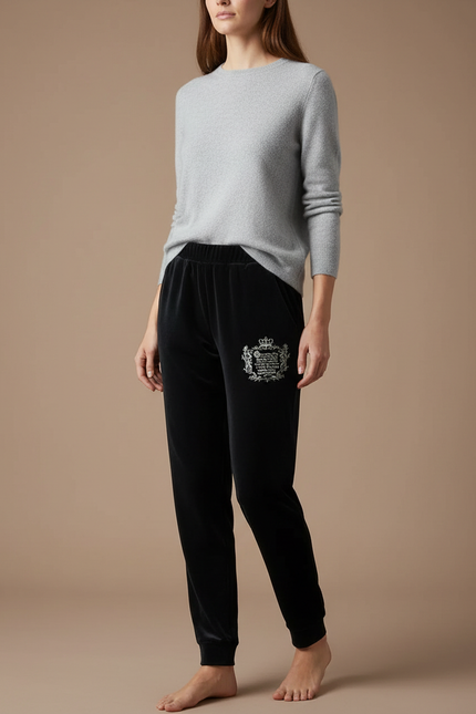 Pantalon Velours Noir Brodé Élégant Décontracté Femme