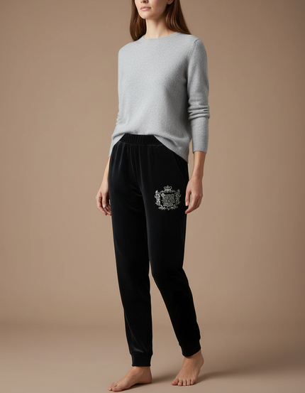 Pantalon Velours Noir Brodé Élégant Décontracté Femme
