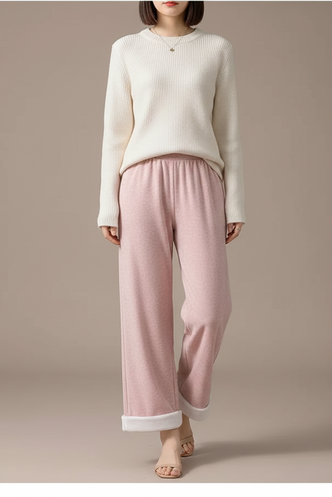 Pantalon Velours Rose Ample Droit Doublé Chaud