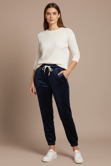 Pantalon Velours Bleu Marine Jogger Doux Confortable