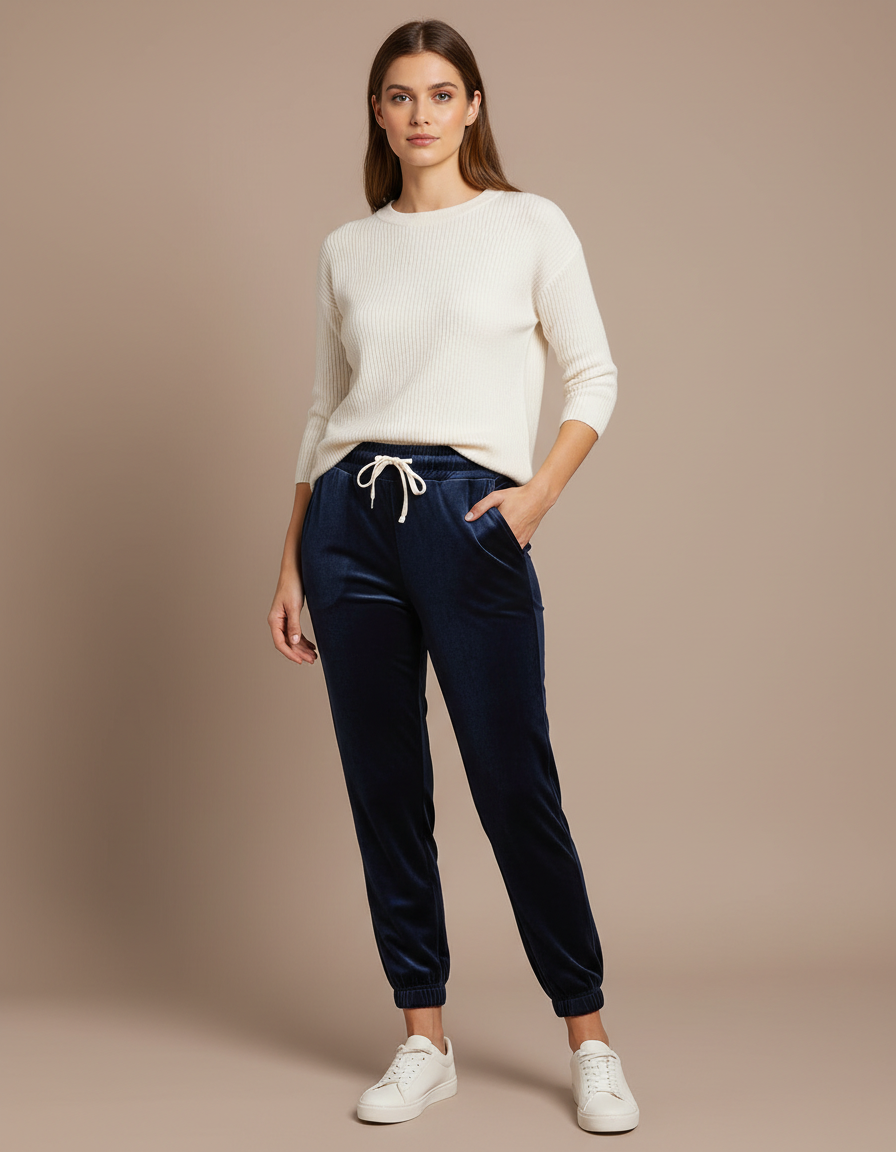 Pantalon Velours Bleu Marine Jogger Doux Confortable