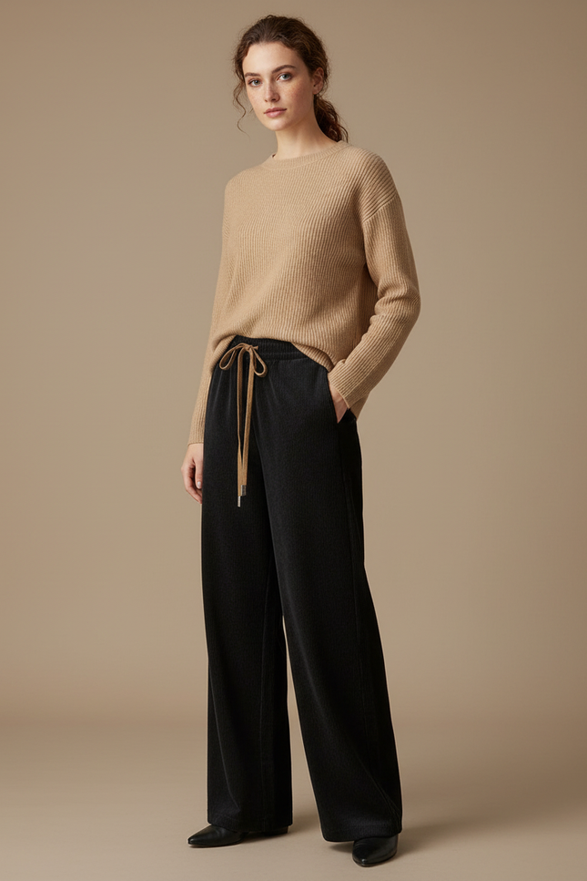 Pantalon Velours Noir Côtelé Ample Décontracté Femmes - Cordé