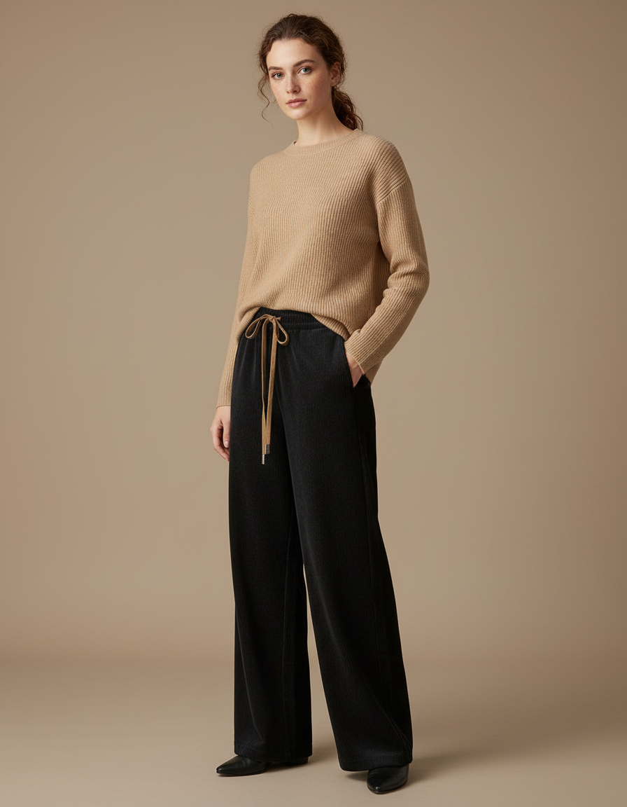 Pantalon Velours Noir Côtelé Ample Décontracté Femmes - Cordé