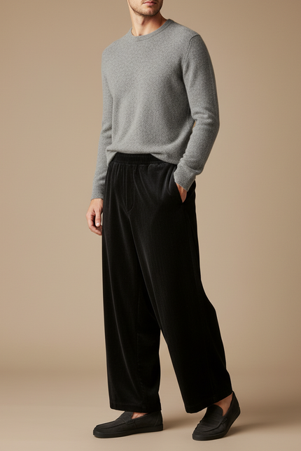 Pantalon Velours Noir Côtelé Ample Élastique Homme - Cordé