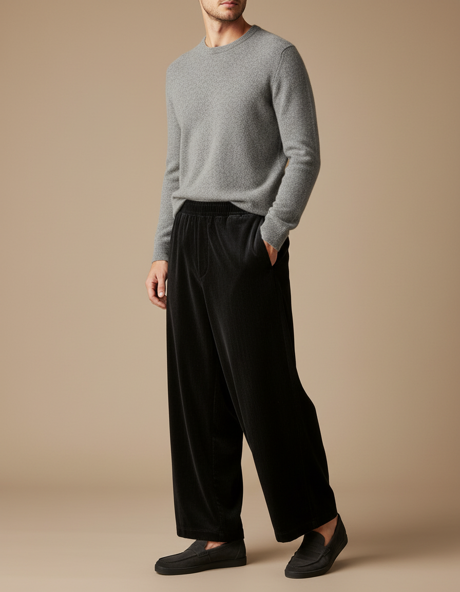 Pantalon Velours Noir Côtelé Ample Élastique Homme - Cordé