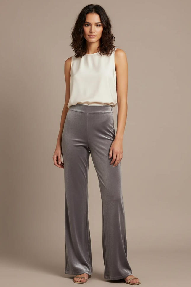 Pantalon Velours Gris Évasé Fluide Taille Haute Femme
