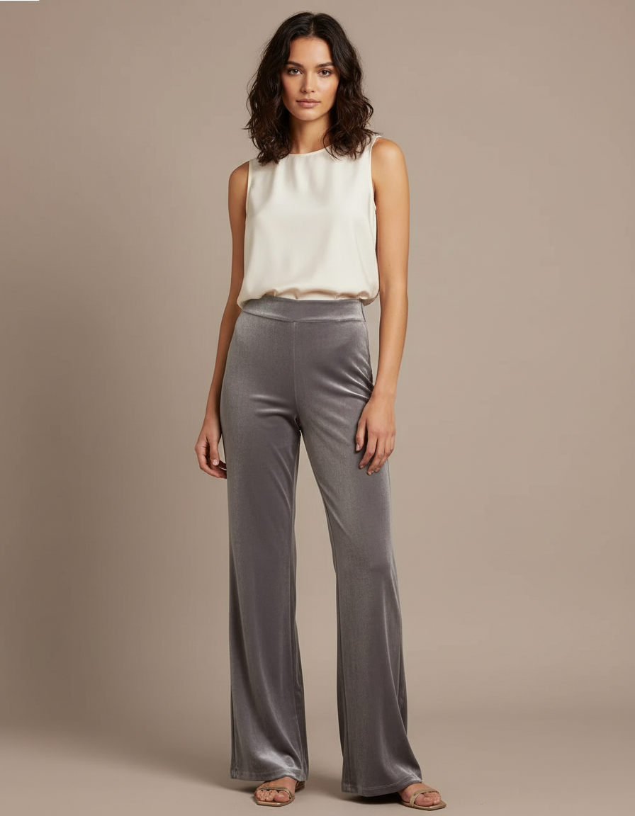 Pantalon Velours Gris Évasé Fluide Taille Haute Femme