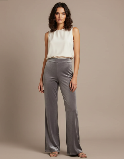 Pantalon Velours Gris Évasé Fluide Taille Haute Femme