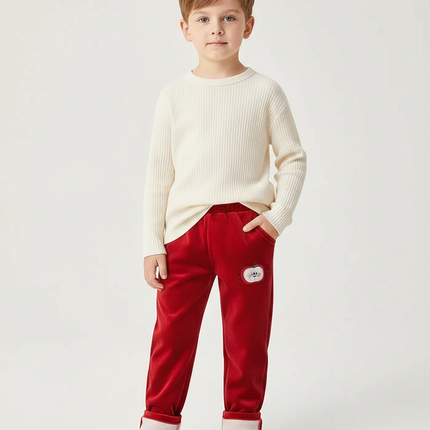 Pantalon Velours Rouge Brodé Doux Enfant Hiver