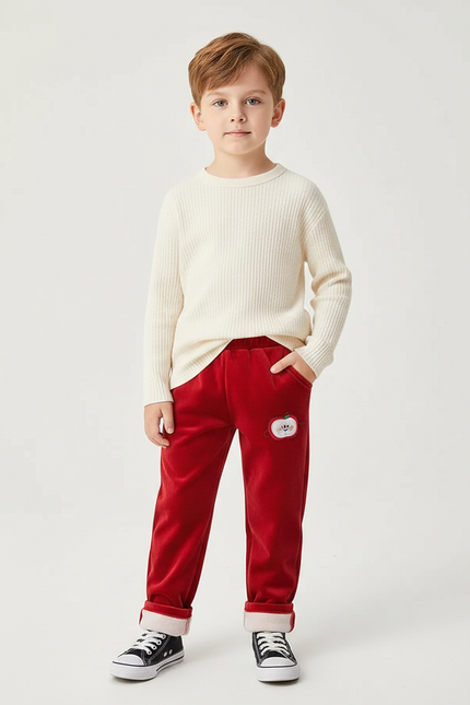 Pantalon Velours Rouge Brodé Doux Enfant Hiver