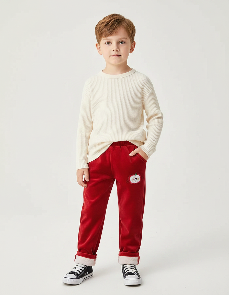 Pantalon Velours Rouge Brodé Doux Enfant Hiver