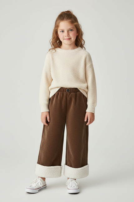 Pantalon Velours Côtelé Marron Doublé Chaud Fille - Cordé
