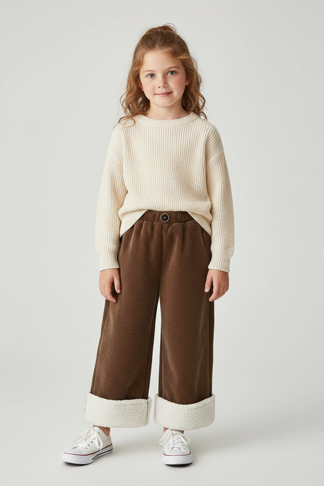 Pantalon Velours Côtelé Marron Doublé Chaud Fille - Cordé