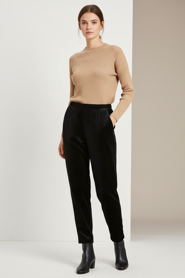 Pantalon Carotte Velours Cotelé Femme - Noir Cordé