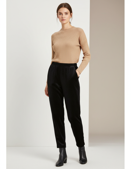 Pantalon Carotte Velours Cotelé Femme - Noir Cordé
