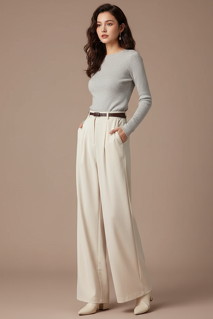 Pantalon Velours Crème Large Ample Fluide Élégant - Beige Polyester