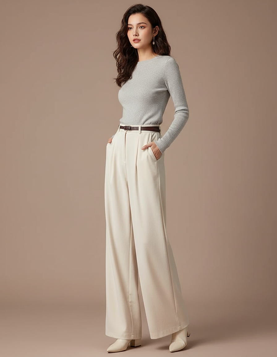 Pantalon Velours Crème Large Ample Fluide Élégant - Beige Polyester