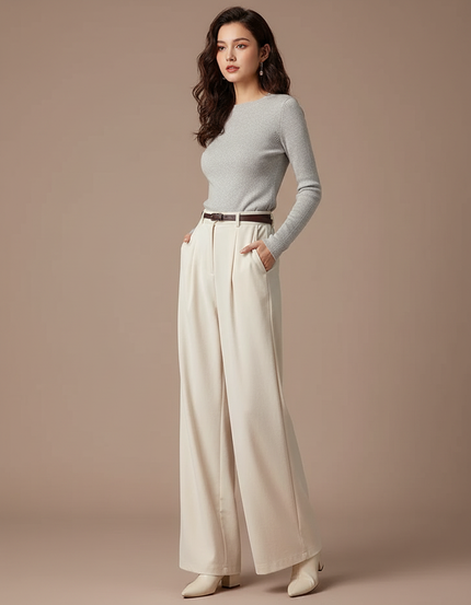 Pantalon Velours Crème Large Ample Fluide Élégant - Beige Polyester