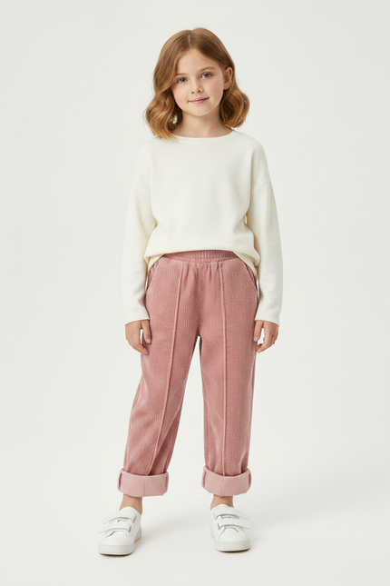Pantalon Velours Fille Rose Droit - Cordé