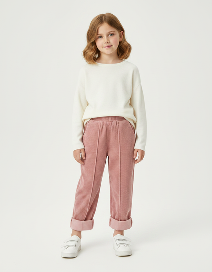 Pantalon Velours Fille Rose Droit - Cordé