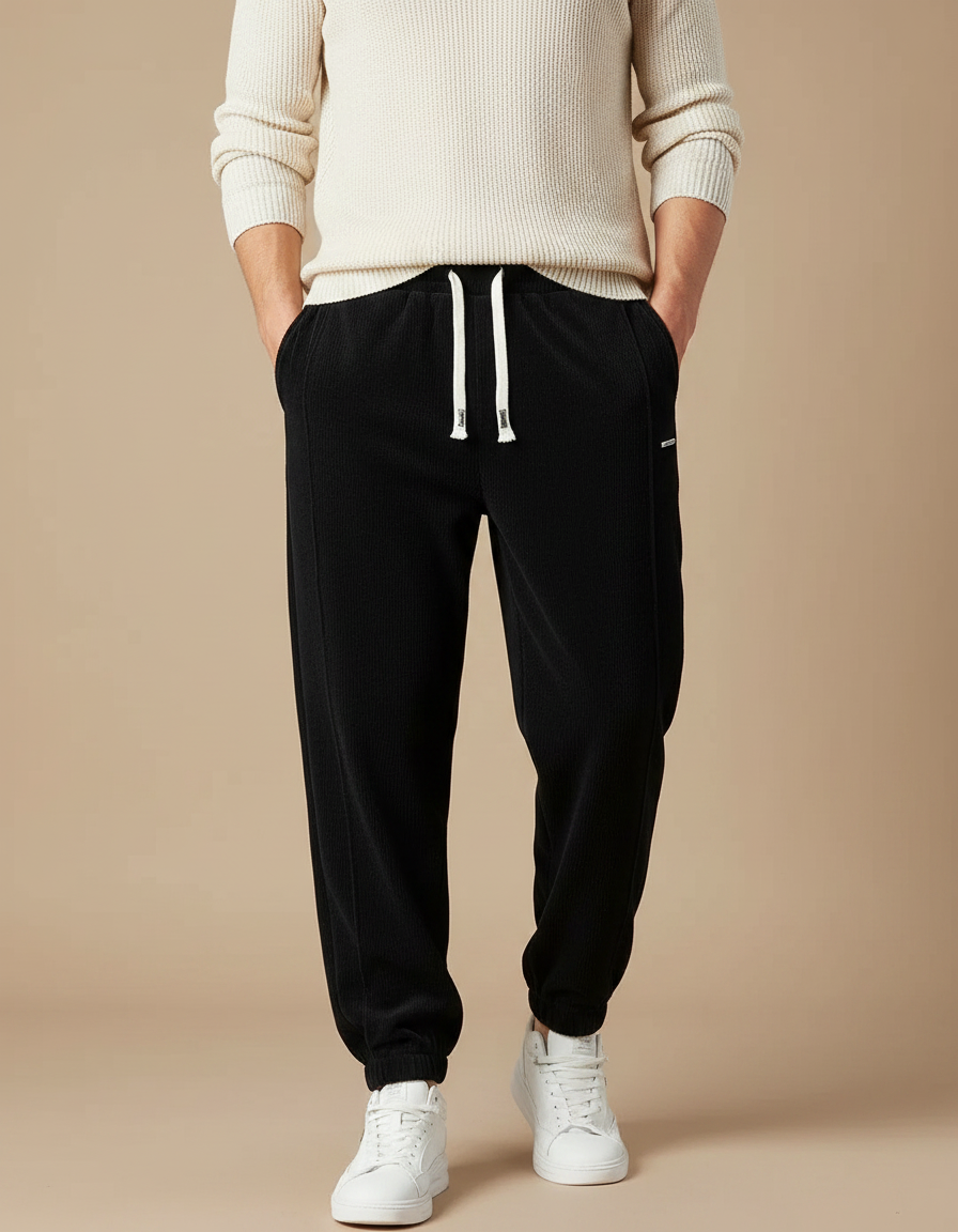 Pantalon Velours Noir Côtelé Décontracté Cordon Élastique Homme - Cordé