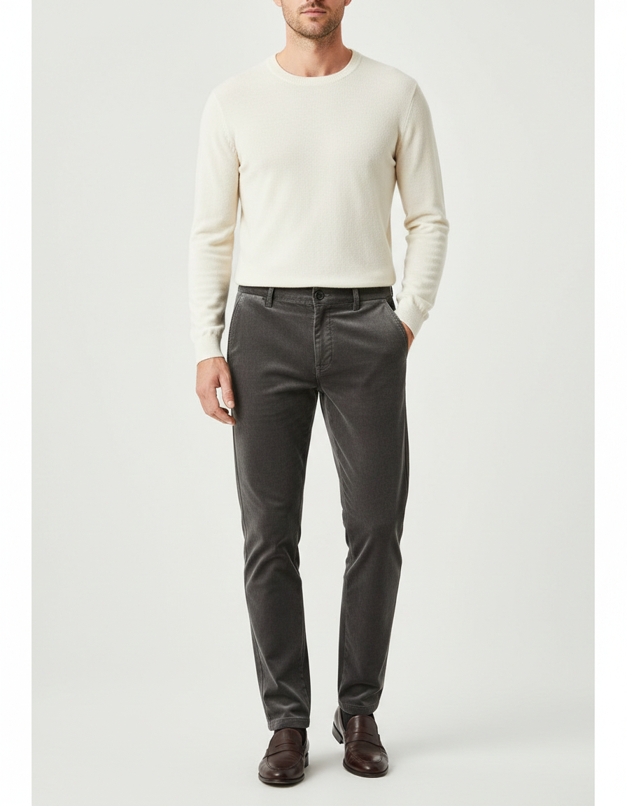 Pantalon Velours Gris Côtelé Slim Homme Élégant - Cordé