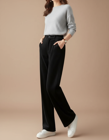 Pantalon Velours Côtelé Noir Large Décontracté Femme - Cordé