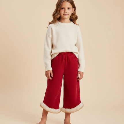 Pantalon Velours Rouge Côtelé Hiver Fille Doublé Fourrure - Cordé