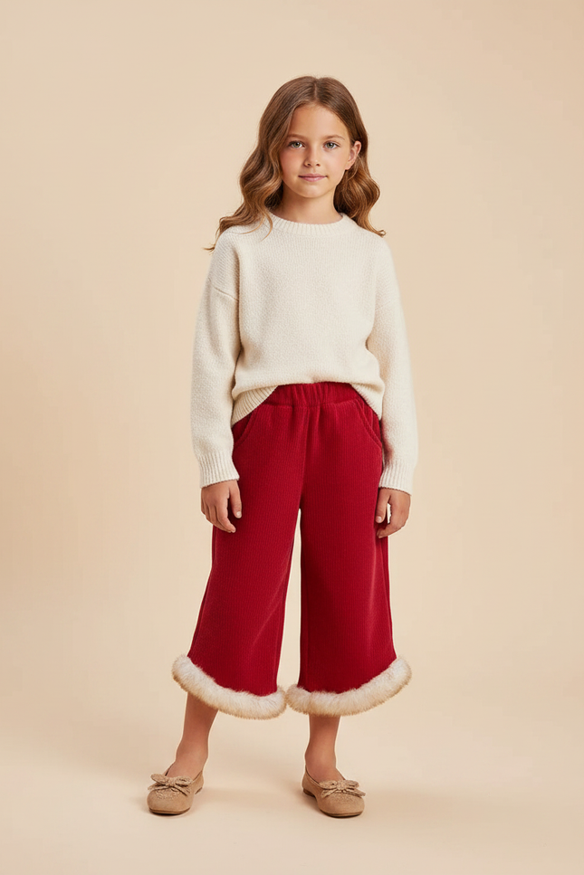 Pantalon Velours Rouge Côtelé Hiver Fille Doublé Fourrure - Cordé