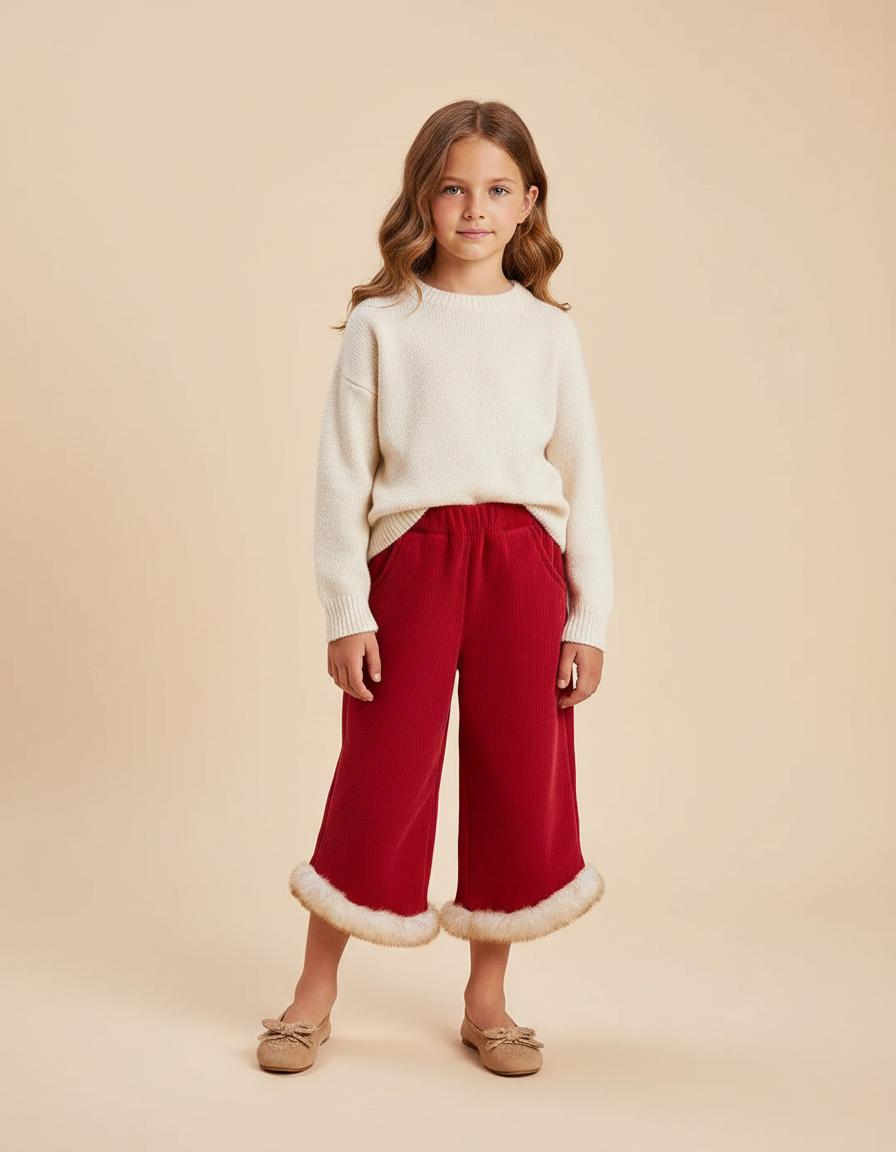 Pantalon Velours Rouge Côtelé Hiver Fille Doublé Fourrure - Cordé
